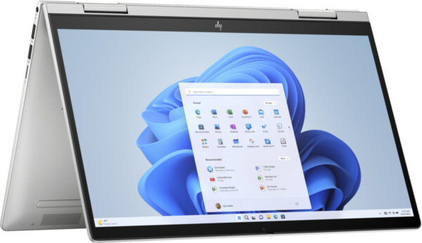 Front view of HP Envy x360 14-inch laptop with Windows 11 home screen displayed