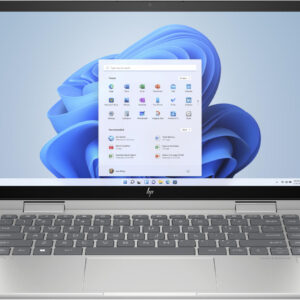 Front view of HP Envy x360 14-inch laptop with Windows 11 home screen displayed