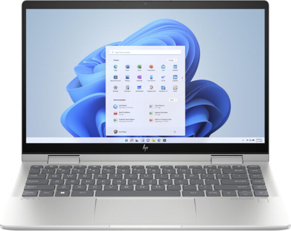 Front view of HP Envy x360 14-inch laptop with Windows 11 home screen displayed
